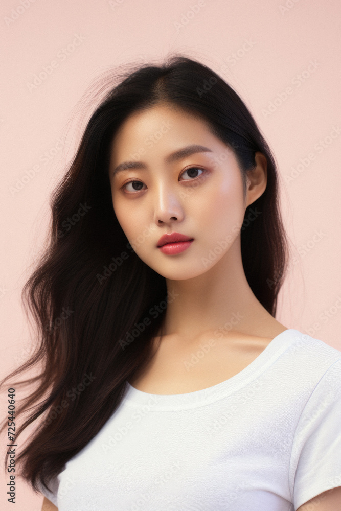 Young pretty Asian woman model wearing tshirt looking at camera standing on color background. Face skin care korean cosmetic and makeup, fashion ads. Beauty portrait. White t-shirt mock up template . Young pretty Asian woman model wearing tshirt looking at camera standing on color background. Face skin care korean cosmetic and makeup, fashion ads. Beauty portrait. White t-shirt mock up template .