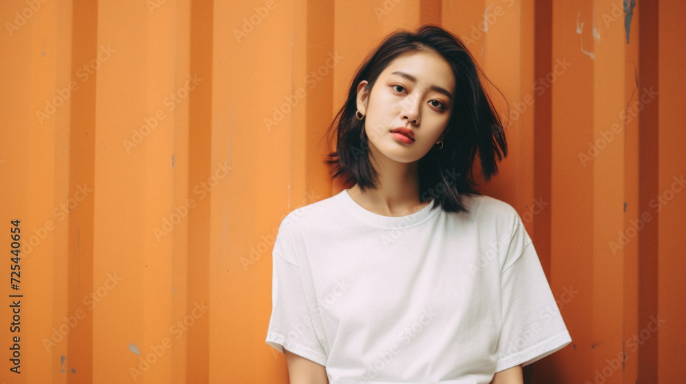 Young pretty Asian woman model wearing tshirt looking at camera standing on color background. Face skin care korean cosmetic and makeup, fashion ads. Beauty portrait. White t-shirt mock up template . Young pretty Asian woman model wearing tshirt looking at camera standing on color background. Face skin care korean cosmetic and makeup, fashion ads. Beauty portrait. White t-shirt mock up template .