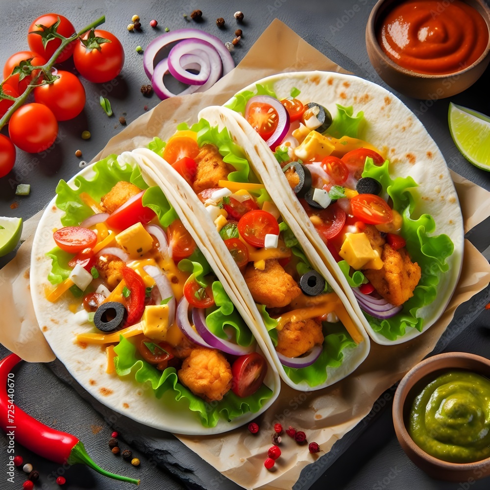 Freshly Prepared Beef Tacos Served on a table With Vegetables and Spices Freshly Prepared Beef Tacos Served on a table With Vegetables and Spices