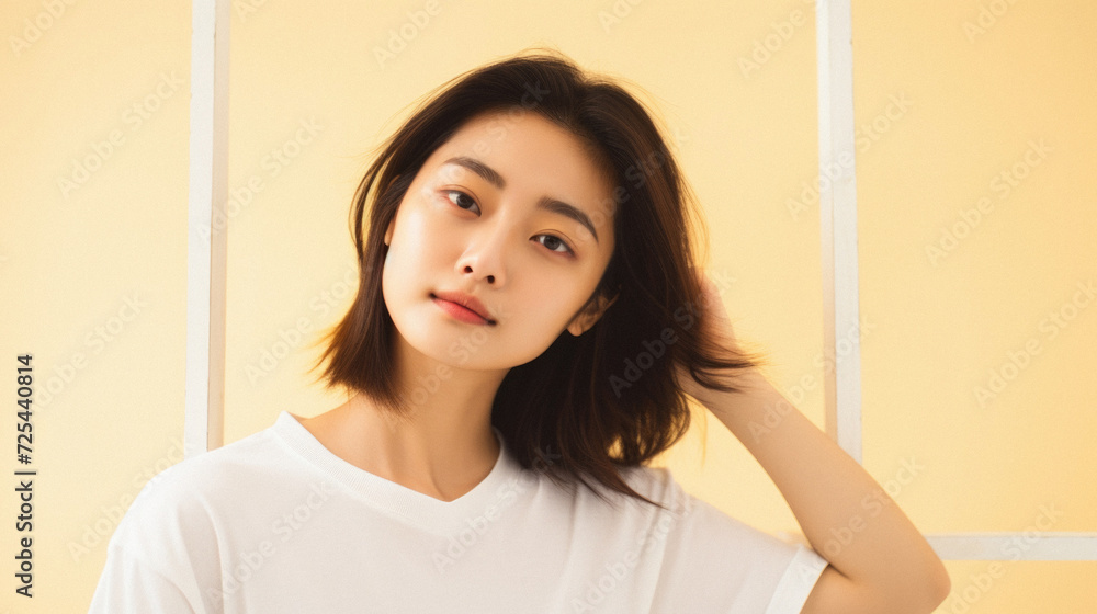 Young pretty Asian woman model wearing tshirt looking at camera standing on color background. Face skin care korean cosmetic and makeup, fashion ads. Beauty portrait. White t-shirt mock up template . Young pretty Asian woman model wearing tshirt looking at camera standing on color background. Face skin care korean cosmetic and makeup, fashion ads. Beauty portrait. White t-shirt mock up template .