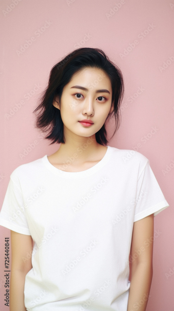 Young pretty Asian woman model wearing tshirt looking at camera standing on color background. Face skin care korean cosmetic and makeup, fashion ads. Beauty portrait. White t-shirt mock up template . Young pretty Asian woman model wearing tshirt looking at camera standing on color background. Face skin care korean cosmetic and makeup, fashion ads. Beauty portrait. White t-shirt mock up template .