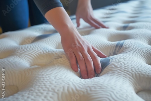 shopper pressing down on a mattress to feel the material response