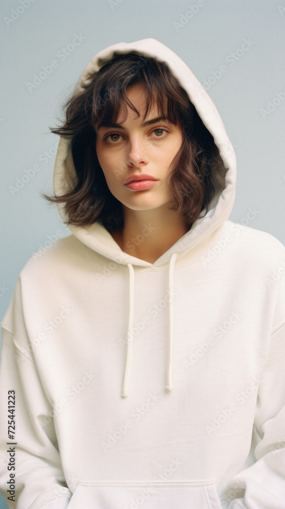 Young pretty cool trendy woman gen z model wearing tshirt looking at camera standing on color background. Face skin care cosmetics makeup, fashion ads. Beauty portrait. White t-shirt mock up template. Young pretty cool trendy woman gen z model wearing tshirt looking at camera standing on color background. Face skin care cosmetics makeup, fashion ads. Beauty portrait. White t-shirt mock up template.
