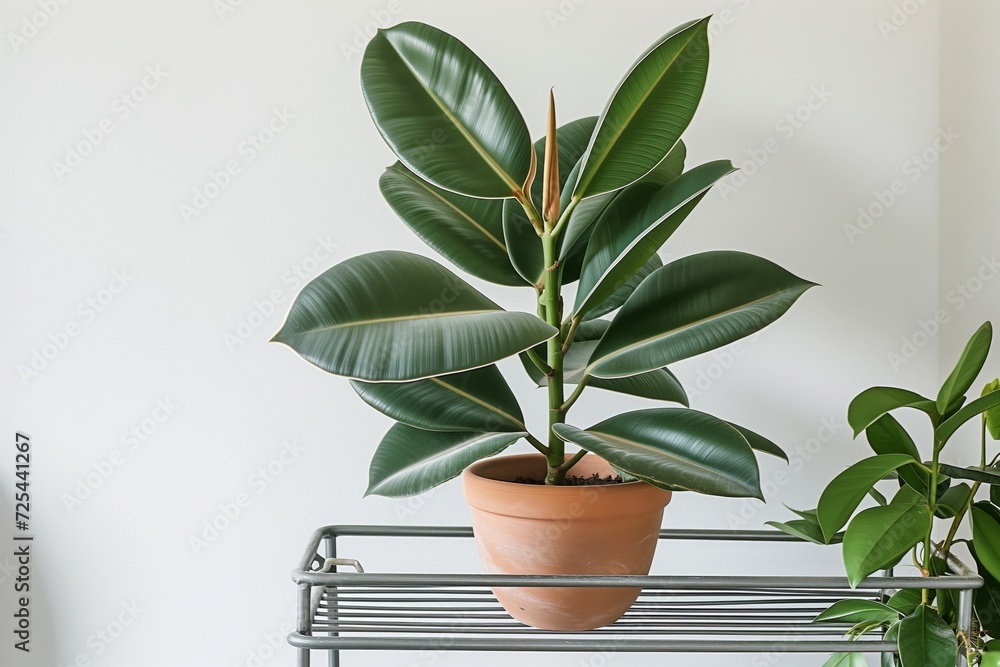 potted rubber plant on metal shelf in minimalist bathroom potted rubber plant on metal shelf in minimalist bathroom