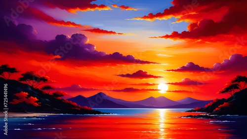 painting art red sunset greeting cards backgrounds. for wall art decor and background wallpaper, greeting cards, stationery, wedding invitations, and decorations. Generative Ai photo
