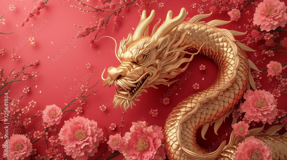 Chinese new year, template design with gold Chinese dragons and flowers, the year of the dragon, red background. Chinese new year, template design with gold Chinese dragons and flowers, the year of the dragon, red background.