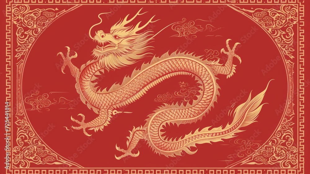 Happy Chinese new year poster with gold dragon, red backgrounds, the year of the dragon.