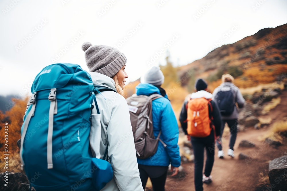 group hiking with backpacks on a mountain trail