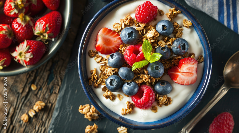 Delicious bowl of yogurt topped with fresh strawberries and blueberries. Perfect for healthy breakfast or snack Delicious bowl of yogurt topped with fresh strawberries and blueberries. Perfect for healthy breakfast or snack