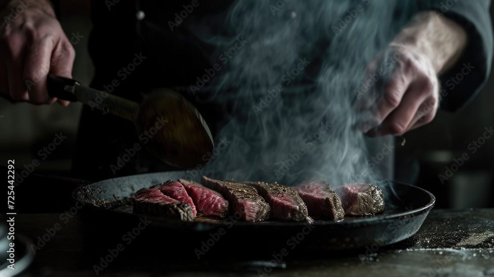 Person cooking steak in skillet. Suitable for food blogs and recipe websites