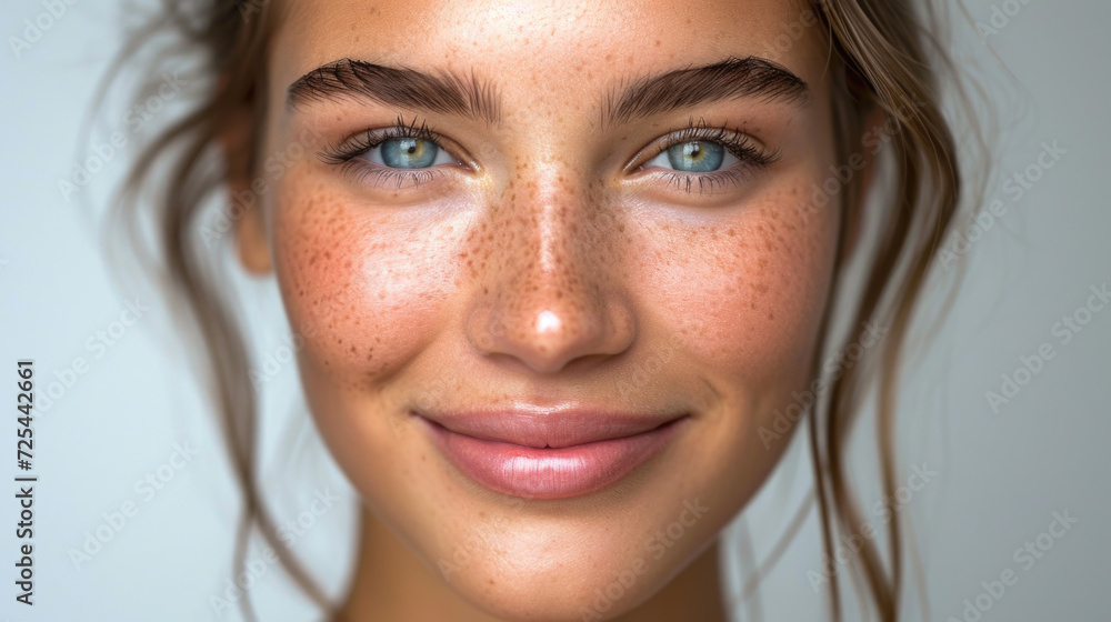 Close-up shot of woman with freckles on her face. This image can be used to showcase natural beauty or as representation of diversity