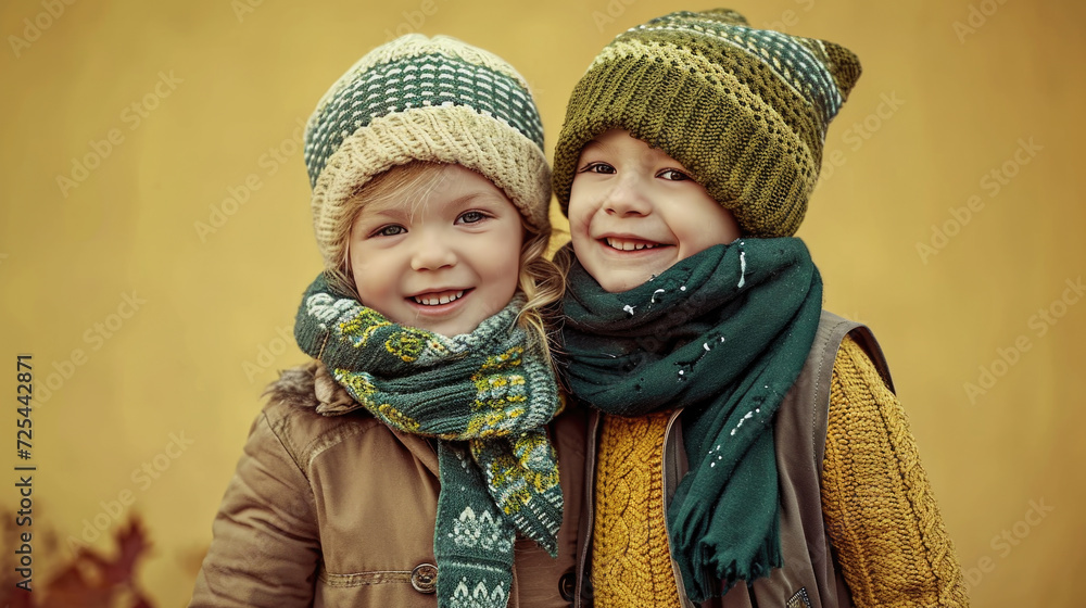 Two children wearing hats and scarves standing next to each other. This image can be used for various purposes Two children wearing hats and scarves standing next to each other. This image can be used for various purposes