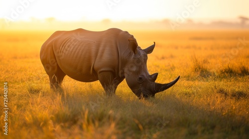 Serene Sunset Encounter  Majestic Rhino on Grassy Plain AI Generated.