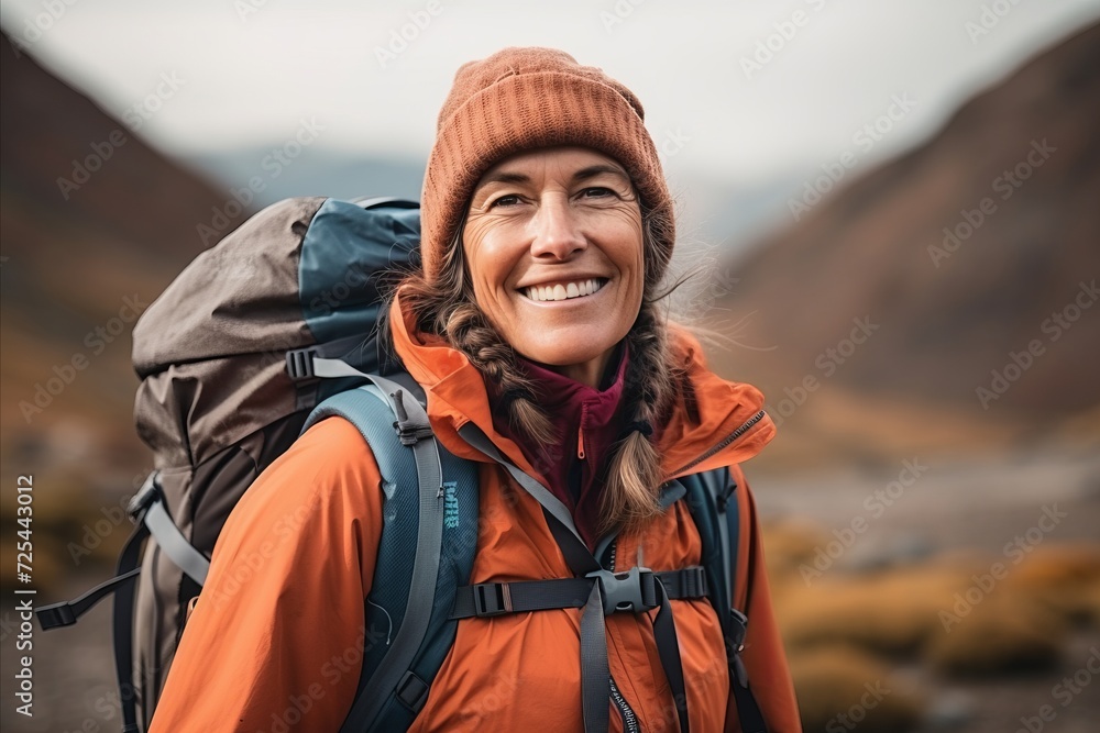 Portrait of smiling woman hiker with backpack in the mountains. Portrait of smiling woman hiker with backpack in the mountains.