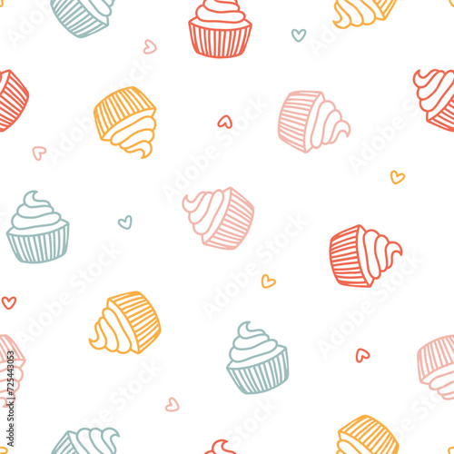 Seamless pattern with colorful muffin and hearts