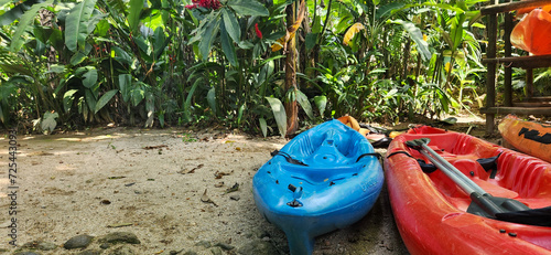 red kayak on a day in a tropical forest in Brazil, amidst nature and lots of greenery
