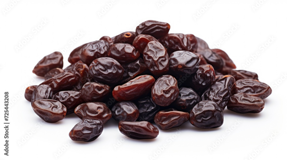 Pile of raisins on white surface. Suitable for food and nutrition-related projects Pile of raisins on white surface. Suitable for food and nutrition-related projects