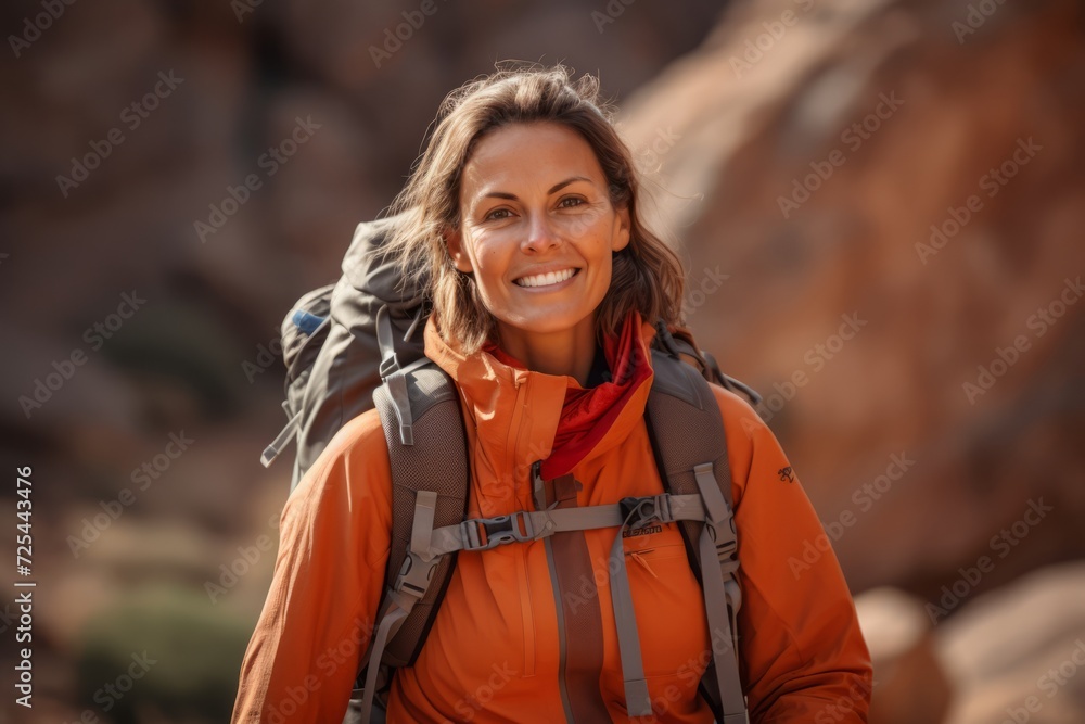 Portrait of a smiling woman hiker with backpack in the desert Portrait of a smiling woman hiker with backpack in the desert
