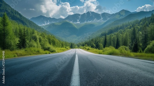 Asphalt road and green forest with mountain nature landscape