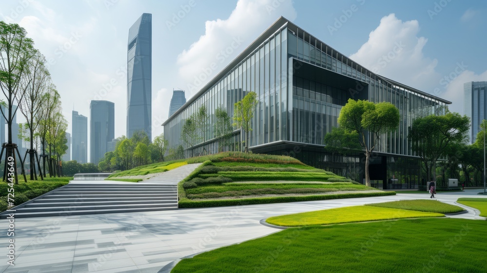 modern office building and green park in shanghai china.