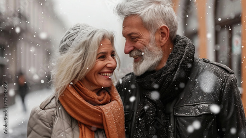 Fototapeta Naklejka Na Ścianę i Meble -  Man and woman standing together in snowy landscape. This image can be used to depict couple enjoying winter activities or to convey sense of romance and togetherness in snowy setting