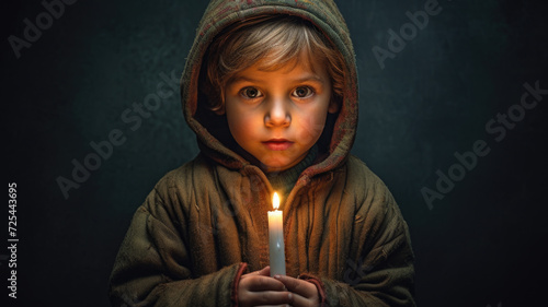 Little boy holds lit candle in his hands. Perfect for religious ceremonies or birthday celebrations