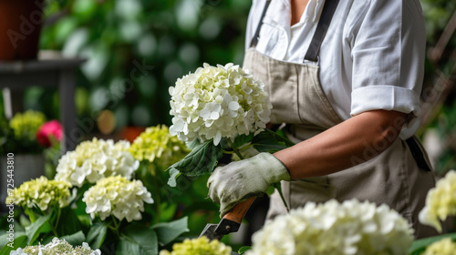 Woman is seen in garden, holding beautiful bunch of flowers. This image can be used to showcase beauty of nature and joy of gardening