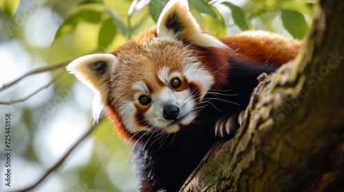 Detailed Close-Up of Curious Red Panda on Tree Branch. © Demo