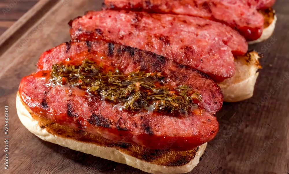 Hot Dog preparation, freshly grilled sausages with herbs, close up. Homemade hot dog sausage cooking. Grocery product advertising, menu or package, selective focus.