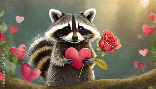 A cute racoon holding a valentine's day one hand hart and one hand rose; perfect for valenti photo