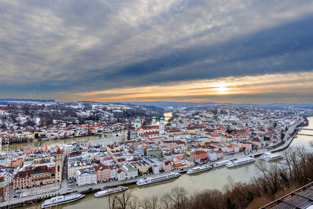 Sunset on a winter evening over Passau, Bavaria, Germany.