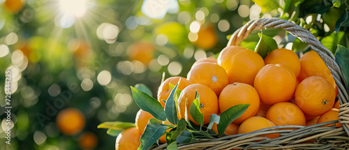 Orange farm and produce, oranges in a woven basket, citrus fruits, brightness Fruit Harvest seasonม background cover banner for ads. ultra wide 21:9	
 photo