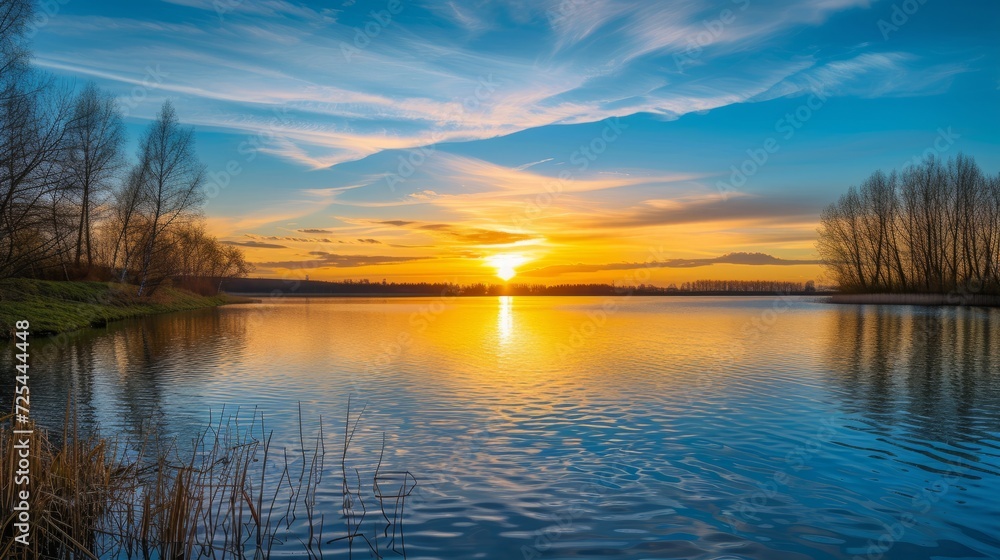 sunset at coast of the lake. Nature landscape. Nature in northern Europe. reflection, blue sky and yellow sunlight. landscape during sunset.
