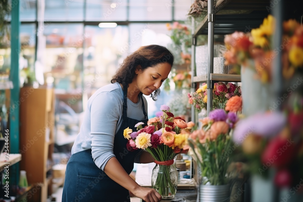 florist arranging a display of mixed flowers for wholesale buyers