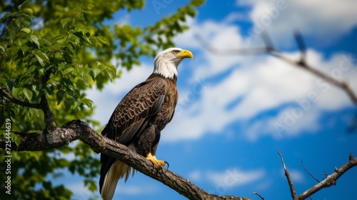 Majestic Bald Eagle on Tree Branch with Blue Sky AI Generated.