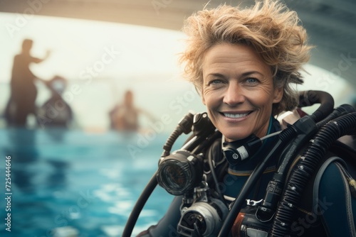 Portrait of happy mature woman with scuba diving equipment looking at camera © Nerea
