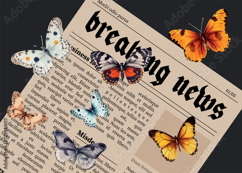 Old vintage newspaper with butterflies. Collage Retro background for design template. Trendy Halfon collage. Vector illustration.