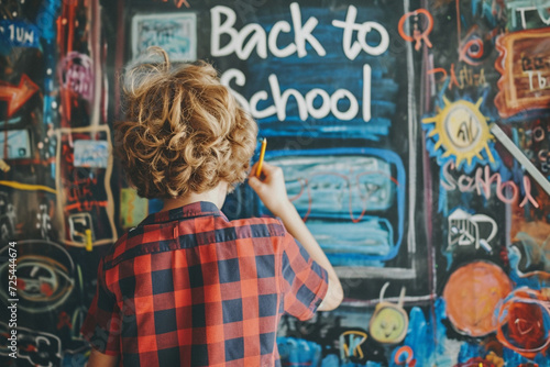 Young Student Writing Back to School on Chalkboard photo
