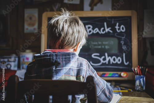 Young Student Writing Back to School on Chalkboard photo