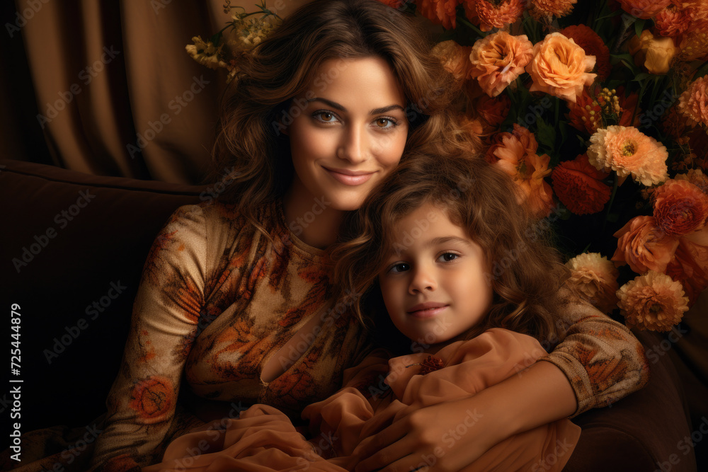 Woman and little girl sitting together on comfortable couch. Perfect for family, home, and lifestyle themes Woman and little girl sitting together on comfortable couch. Perfect for family, home, and lifestyle themes