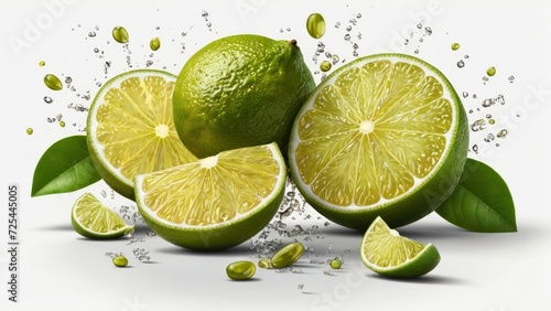 Flying lime fruits isolated on white background. Lime slices. food concept. Tropical organic fruit with vitamin C. generative, ai.