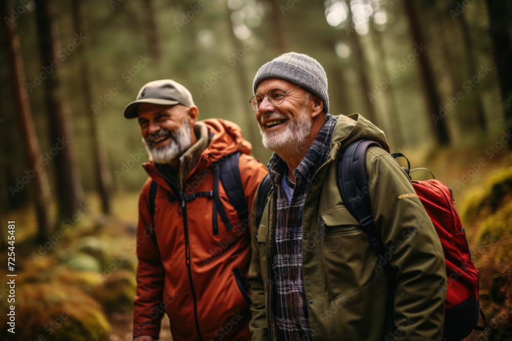 Two older men are depicted walking in woods with backpacks. This image can be used to illustrate activities such as hiking, nature exploration, or leisurely walks in forest