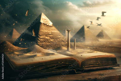 Enchanted obelisks that control the weather, Egyptian openbook with a fantasy scenery. desert landscape.