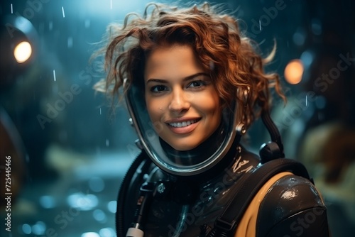 Portrait of a beautiful young woman cosmonaut in the rain