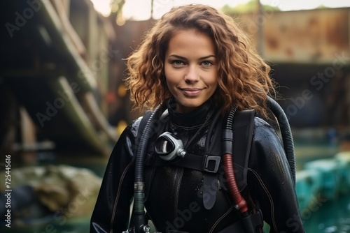 Portrait of a beautiful young woman wearing scuba diving suit and looking at camera