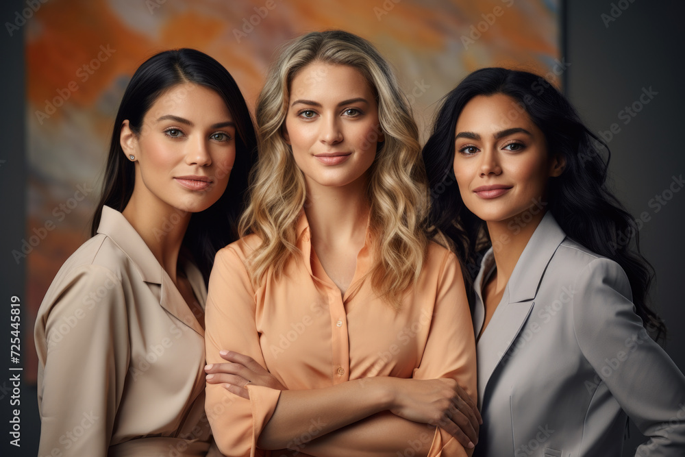 Fototapeta premium Three women standing together in group. Suitable for team building, friendship, or diversity concepts