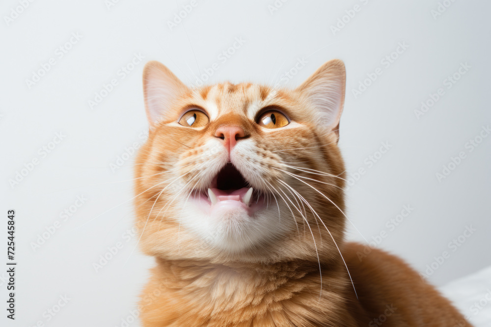 Orange cat is captured in moment of yawning while sitting on bed. This image can be used to depict relaxation, sleepiness, or cozy home environment