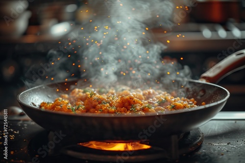 Wok with a delicious food are cooking for dinner. Generative AI