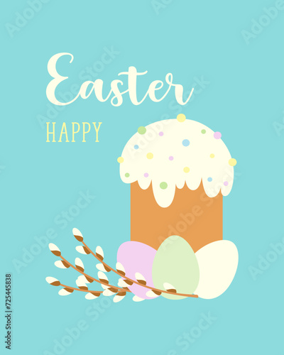 Happy Easter card on blue background with decorated Kulich cake and eggs in pastel colors. Inscription and willow branches with fluffy buds.