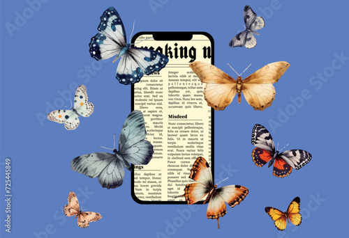 Trendy vintage collage. Modern smartphone on screen with retro newspaper and butterflies around. Retro newspaper in smartphone. Elements for banner designs and more. Vector illustration